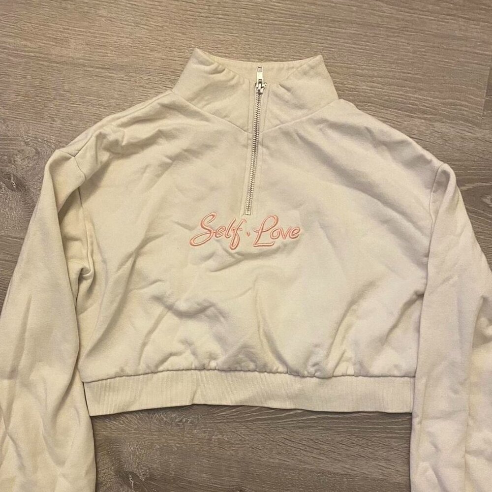 Cream Quarter Zip Embroidered Cropped Sweater